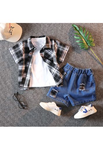 2pcs Toddler Boy Ripped Denim Shorts and Plaid Lapel Collar Shirt Set