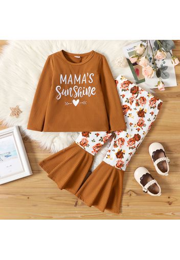 2pcs Toddler Girl Letter Embroidered Long-sleeve Tee and Floral Print Flared Pants Set