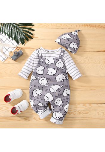 3pcs Baby Striped Long-sleeve T-shirt and All Over Cartoon Elephant Print Overalls Set