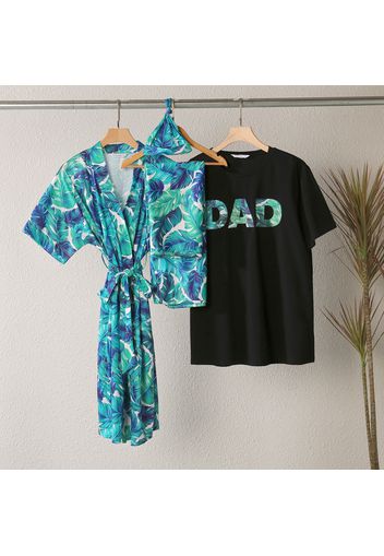 Family Matching All Over Tropical Print Short-sleeve Robe Swaddle Hat and 100% Cotton T-shirt Sets