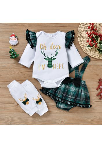 Baby 3pcs Christmas Letter Print Pom Poms Long-sleeve Romper and Plaid Suspender Skort Set