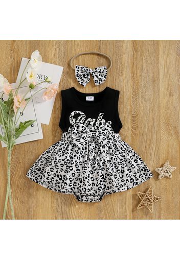 2pcs Baby Girl Black Splicing Leopard Bowknot Sleeveless Romper with Headband Set