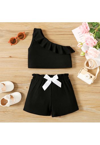 2-piece Toddler Girl Flounce One Shoulder Sleeveless Crop Tee and Bowknot Design Paperbag Shorts Set