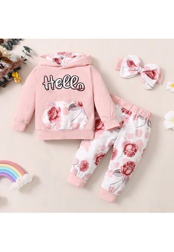 3pcs Letter and Floral Print Hooded Long-sleeve Crimson Baby Set