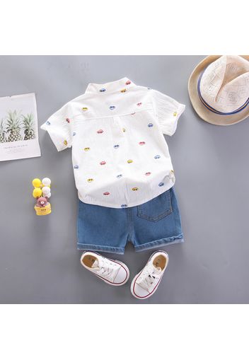 2pcs Toddler Boy Playful Denim Shorts & Car Print Shirt Set