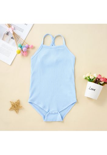 Baby Girl Solid Ribbed Sleeveless Spaghetti Strap Romper