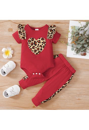 2pcs Baby Girl Love Heart Leopard Ruffle Red Short-sleeve Romper and Trousers Set