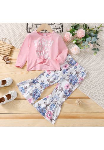 2-piece Toddler Girl Letter Print Twist Front Long-sleeve Pink Top and Floral Print Flared Pants Set