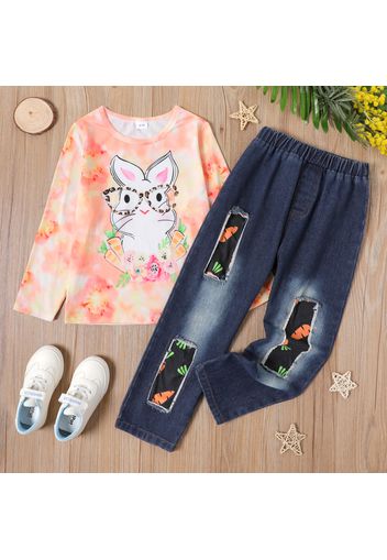 2-piece Kid Girl Cute Rabbit Print Tie Dyed Long-sleeve Tee and Carrot Patchwork Denim Jeans Set