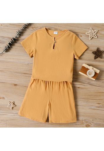 2pcs Kid Boy 100% Cotton Solid Color Button Design Short-sleeve Tee and Elasticized Shorts Set