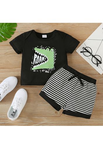 2pcs Baby Boy Cartoon Dinosaur Print Short-sleeve Tee and Striped Shorts Set