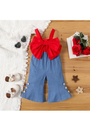 Baby Girl 100% Cotton Bow Front Spliced Bell Bottom Cami Jumpsuit