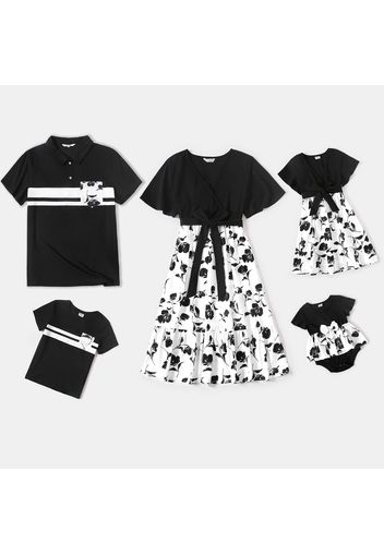 Family Matching Black Cross Wrap V Neck Ruffle Sleeve Splicing Floral Print Dresses and Short-sleeve Tops Sets