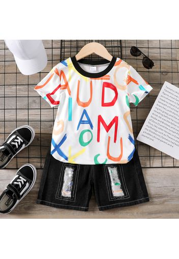 2pcs Kid Boy Colorful Letter Print Short-sleeve Tee and Ripped Denim Patchwork Shorts Set