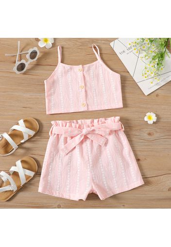 2-piece Kid Girl Floral Print Plaid Button Design Camisole and Belted Paperbag Shorts Set