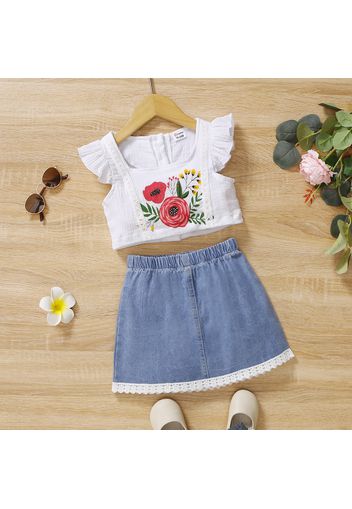 2pcs Toddler Girl Floral Print Square Neck Flutter-sleeve White Tee and Lace Design Denim Skirt Set