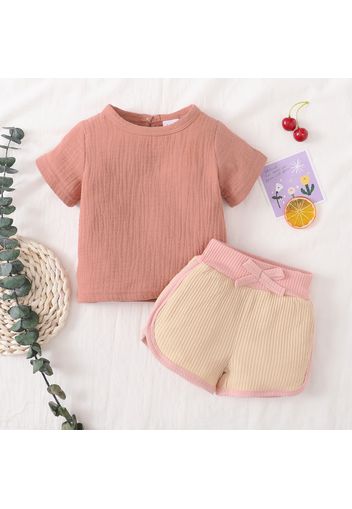 2pcs Baby Girl 100% Cotton Crepe Short-sleeve Top and Colorblock Ribbed Shorts Set