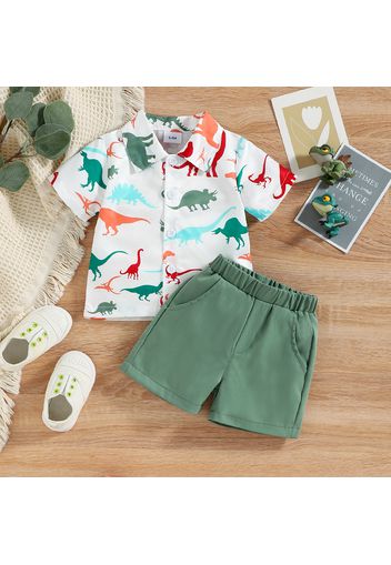 2pcs Baby Boy Allover Colorful Dinosaur Print Short-sleeve Shirt and Solid Shorts Set