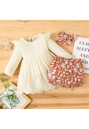 3-piece Baby Girl Ruffled Schiffy Design Scallop Hem Long-sleeve Romper, Floral Print Shorts and Headband Set