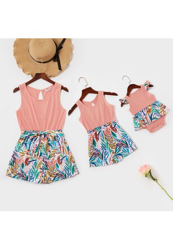 Mommy and Me Colorful Leaves Printed Stitching Solid Tank Rompers