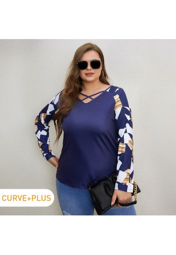 Women Plus Size Casual Geo Pattern Crisscross V Neck Long-sleeve Tee