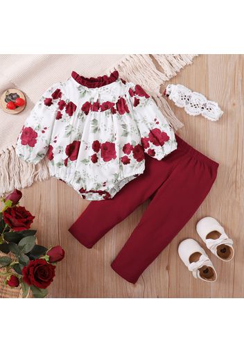 3pcs Baby Girl Red Rose Floral Print Long-sleeve Romper with Solid Trousers and Lace Headband Set