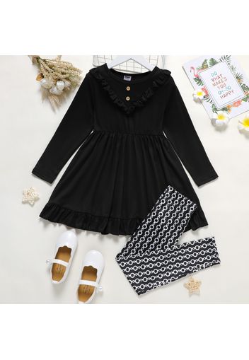2-piece Kid Girl Ruffled Solid Color Long-sleeve Dress and Allover Print Leggings Set