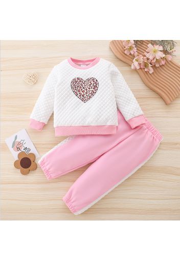 2-piece Toddler Girl Leopard Heart Print Textured Pullover Sweatshirt and Colorblock Pants Set