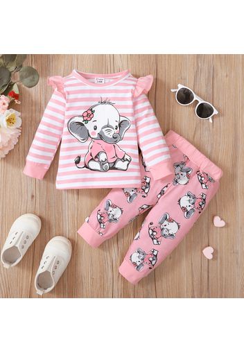 2pcs Baby Girl Cartoon Elephant Print Grey Striped Long-sleeve Top and Trousers Set