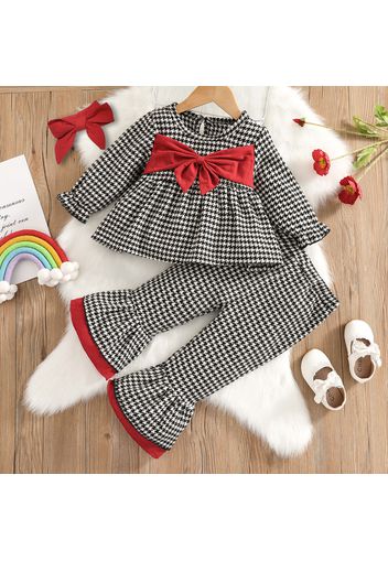 3pcs Baby Girl Black Houndstooth Long-sleeve Bowknot Top and Flared Pants Set