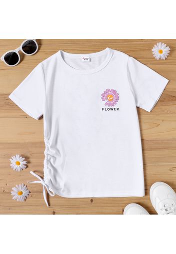 Kid Girl Letter Floral Print Drawstring Design Tee