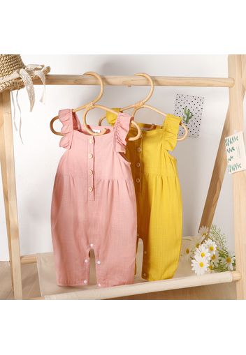 Baby Girl Button Design Solid Sleeveless Ruffle Linen Jumpsuit