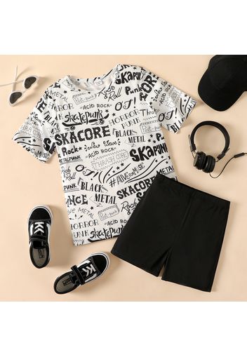 2pcs Kid Boy Letter Print Short-sleeve Tee and Black Shorts Set