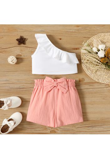 2pcs Toddler Girl Flounce One Shoulder White Tank Top and Bowknot Design Pink Shorts Set