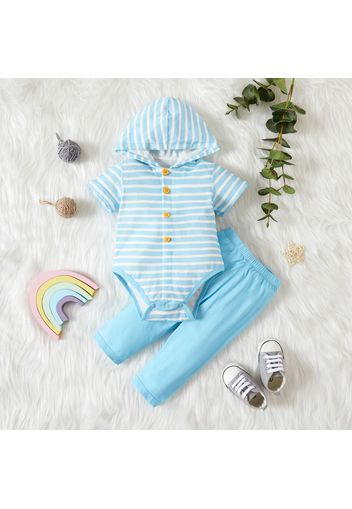 100% Cotton 2pcs Stripe Short-sleeve Hooded Romper Pants Baby Set