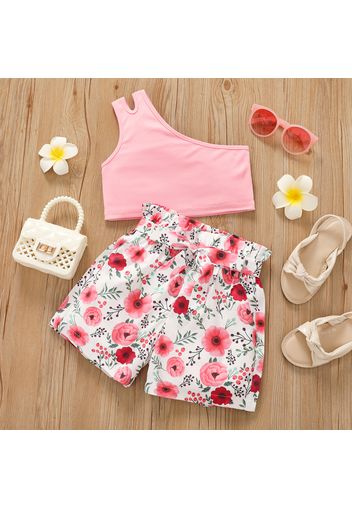 2pcs Kid Girl One Shoulder Pink Tank Top and Floral Print Belted Paperbag Shorts Set