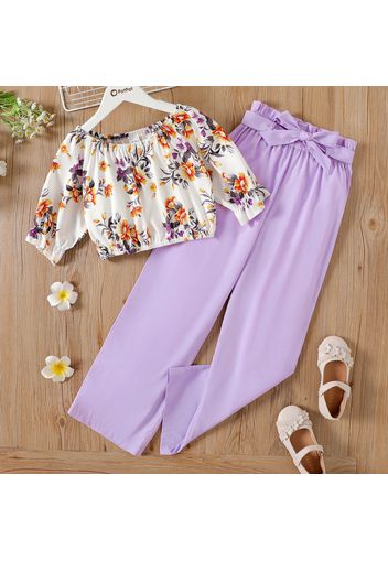 2pcs Kid Girl Floral Print Short-sleeve Tee and Purple Belted Wide Leg Pants Set