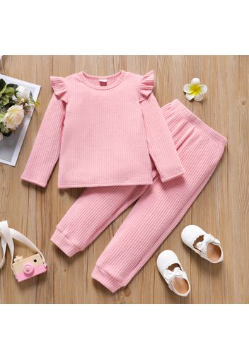 2pcs Toddler Girl Ruffled Ribbed Long-sleeve Pink Tee and Elasticized Pants Set