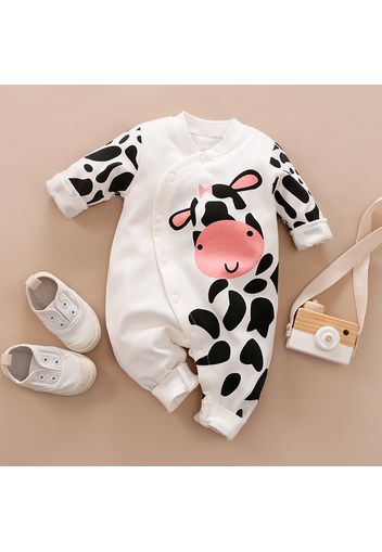 100% Cotton Cow Print Long-sleeve White Baby Jumpsuit