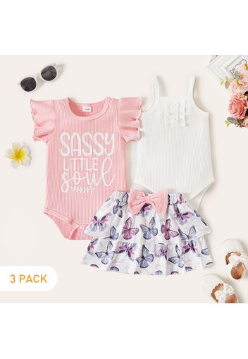 3-Pack Baby Girl 95% Cotton Rib Knit Letter Print Rompers and Allover Butterfly Print Layered Skirt Set