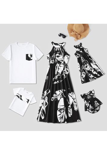 Family Matching All Over Plant Print Halter Neck Off Shoulder Midi Dresses and Short-sleeve T-shirts Sets