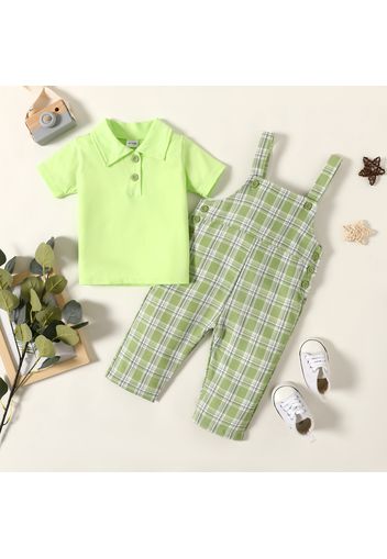 2pcs Baby Boy/Girl Light Green Short-sleeve Polo Shirt and Plaid Overalls Set