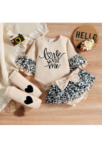 3pcs Baby Girl Leopard Mesh Ruffle Splicing Letter Embroidered Ribbed Flare-sleeve Romper and Bowknot Shorts with Calf Sleeves Set