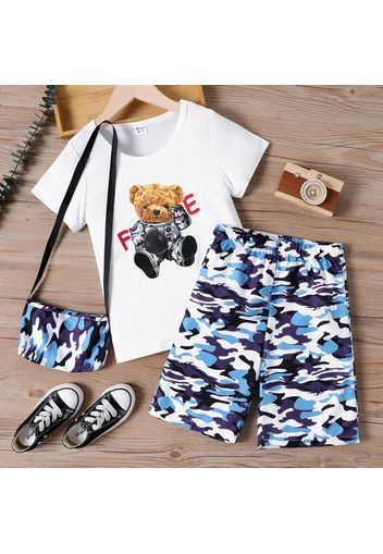 2pcs Kid Boy Animal Bear Print Short-sleeve White Tee and Camouflage Print Shorts Set