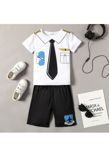 2-piece Kid Boy Captain Pattern Short-sleeve White Tee and Plane Print Shorts Set