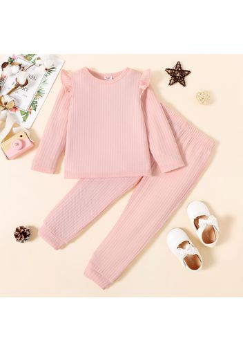 2-piece Toddler Girl Ruffled Textured Long-sleeve Top and Solid Color Pants Set