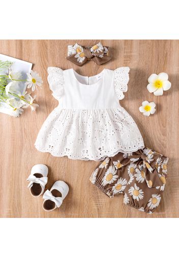 3pcs Baby Girl 100% Cotton Hollow Out Floral Embroidered Flutter-sleeve Top and Daisy Floral Print Bowknot Shorts with Headband Set