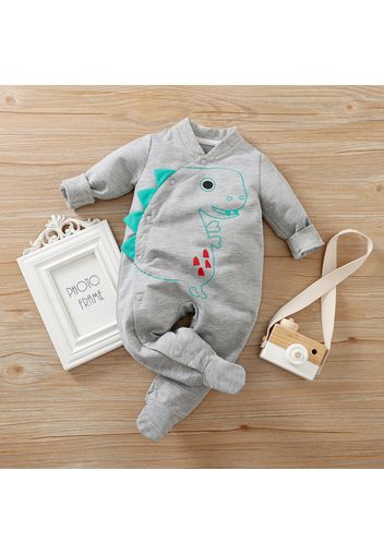 Dinosaur Print 3D Serration Footed/footie Long-sleeve Grey Baby Jumpsuit