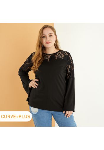 Women Plus Size Elegant Lace Design Long-sleeve Black Tee