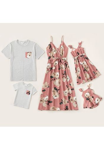 Floral Print Pink Family Matching Sets(Sleeveless Dresses for Mom and Girl ; 100% Cotton Stripe Short Sleeve T-shirts for Dad and Boy）